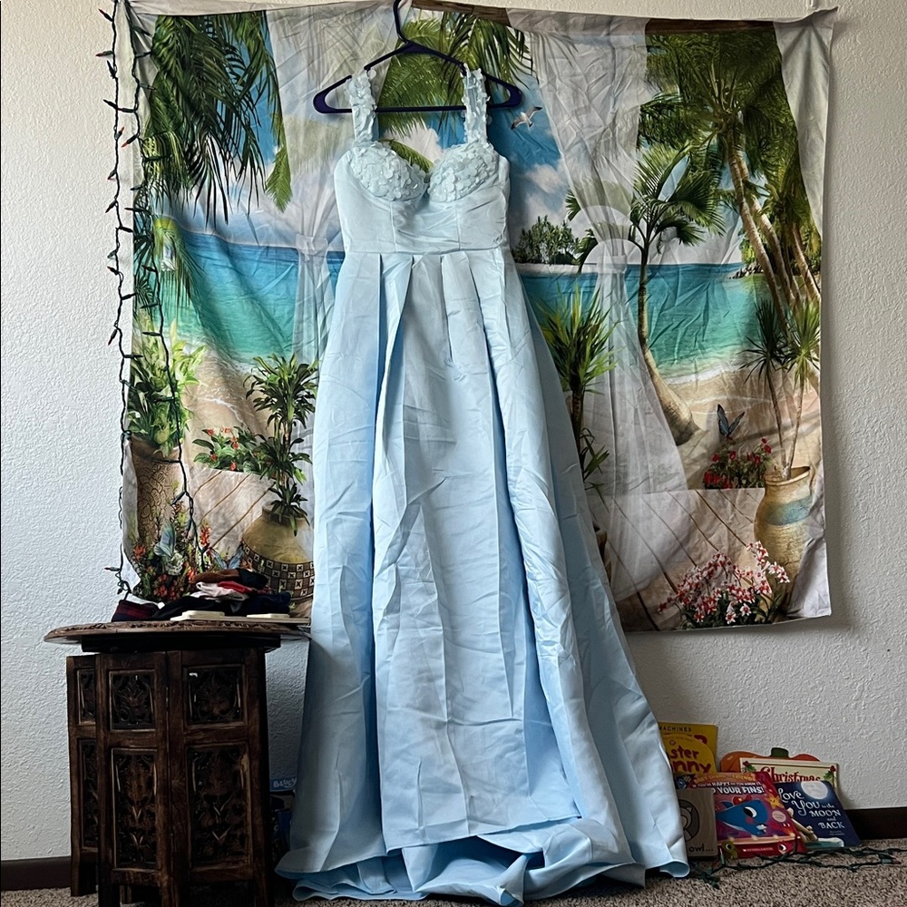 Light Blue Floral-Trim Prom Dress